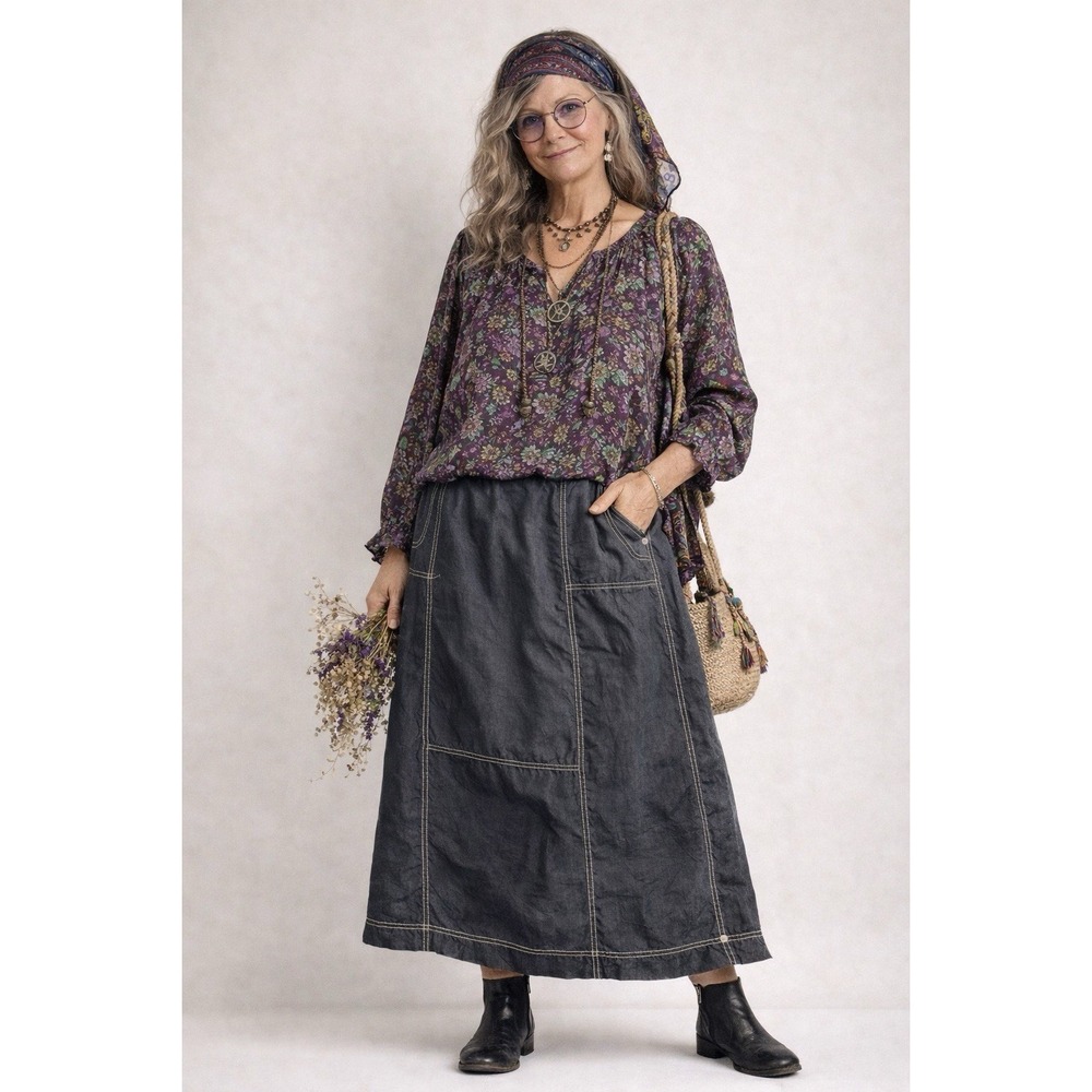 Johnny Was Contrast Stitching Nylon Goth Artsy Fairy Maxi Skirt Women's M SEE